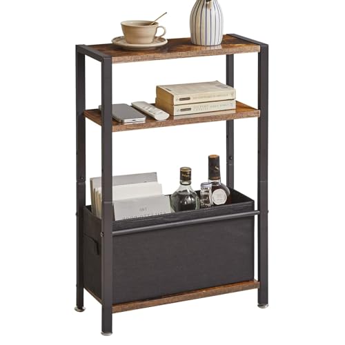 Aibiju Beistelltisch, 3-stufiger Kleiner Schmaler Sofatisch mit Ablagefach, Schlanke Couchtisch mit Stoffkorb für schmale und Kleine Räume, Rustikales Braun, YD-TM052H