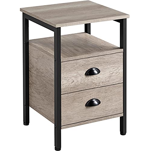 Yaheetech Nachttisch, Nachtkommode, Beistelltisch, Nachtschrank mit Schubladen und Ablage, rustikale Holzoptik, Akzentmöbel, Metallbeine, stabil, Industrie-Design, Grau