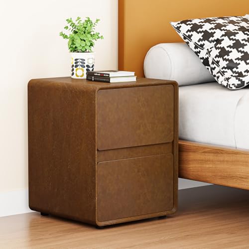 Moderner Nachttisch aus Kunstleder, 40,1 cm, komplett montiert, mit 2 Schubladen, kleiner Beistelltisch mit Holzakzenten, für Schlafzimmer, stilvoller brauner Beistelltisch