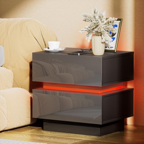 Lvhcmfohm Nachttisch mit Steckdose, Nachtschrank mit led und ladefunktion, Nachtkommode mit 2 Schubladen (45x35x46cm, Schwarz)