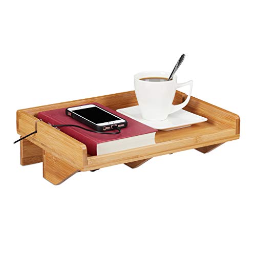 Relaxdays Bettablage, Mini-Nachttisch zum Anklemmen, aus Bambus, platzsparend, Kabelschlitze, Ablage BT 33x24 cm, Hellbraun, Natur