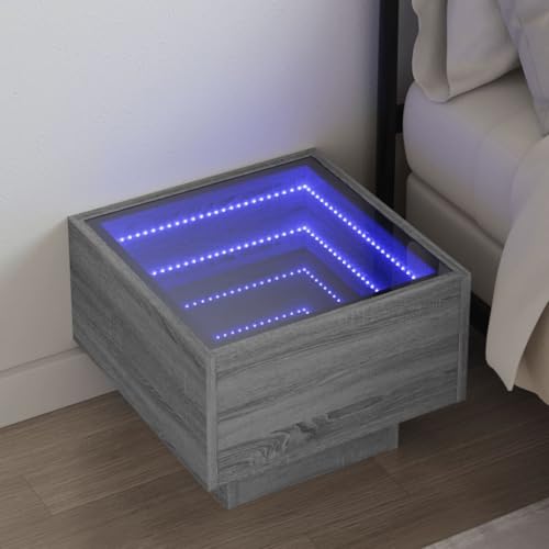 Ordellia Nachttisch mit Infinity-LED Grau Sonoma, 40x40x30 cm, Holzwerkstoff und Glas, Beistelltisch für Schlafzimmer und Wohnzimmer, Nachtkonsole mit RGB-Beleuchtung, langlebiger Endtisch