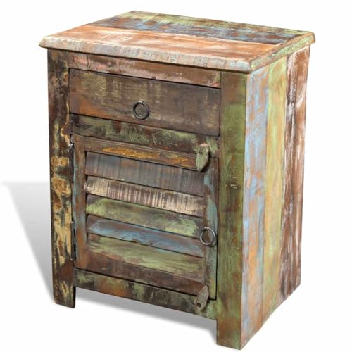 LVHUIDEH Nachttisch mit 1 Schublade & 1 Tür, Beistelltisch, Nachtschrank, Antik-Stil, Nachtkonsole für Schlafzimmer Wohnzimmer, 45 x 33 x 55 cm, Recyceltes Massivholz