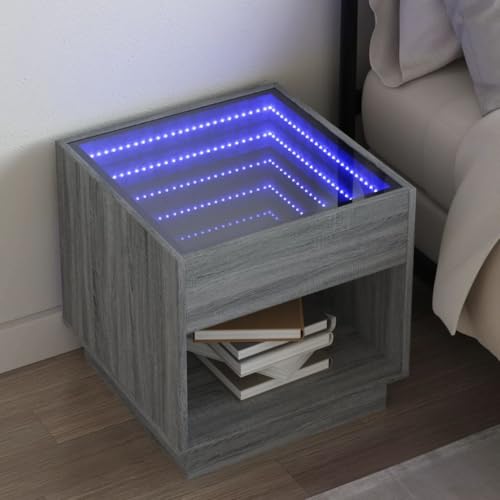 Yunovire Nachttisch mit Infinity-LED, Sonoma Grau, 50x50x50 cm, Holzwerkstoff, Glas, modernes Design für Schlafzimmer, Wohnzimmer und kleine Räume