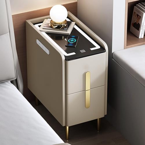 Moderner schmaler Nachttisch mit Ablage und Ladestation, platzsparender Nachttisch mit Schubladen und Licht, einfache Montage fürs Schlafzimmer