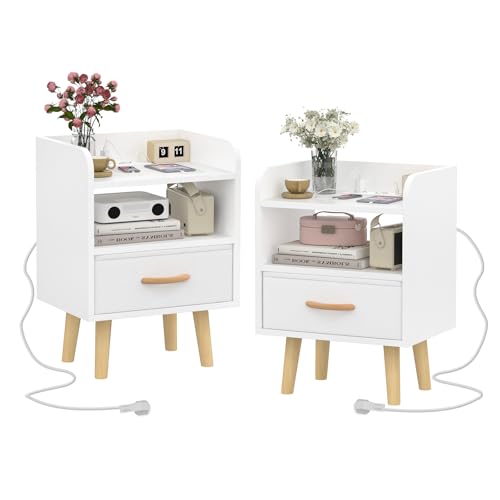 CHOWGOLI Nachttisch 2er Set, Nachtschrank mit Steckdose und Ladefunktion, Beistelltisch Klein mit Stoffschublade und Offene Fach und 4 Holzbeinen, Skandinavischer Stil Weiß Nachtkästchen, 40x30x55cm