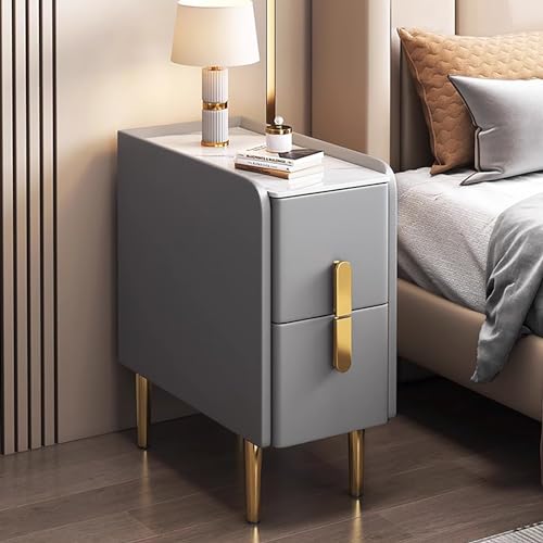 Moderner schlanker Nachttisch für kleine Räume, minimalistischer Nachttisch mit PU-Leder-Finish und Metallbeinen, Aufbewahrungsschrank mit doppelter Schublade für Schlafzimmer und Wohnzimmer