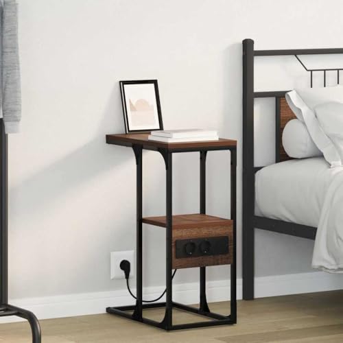 Runheo Nachttisch Braune Eiche 41,5 x 26 x 60,5 cm, Holzwerkstoff, mit Schublade, Ablage, integrierter Ladestation für Schlafzimmer, Wohnzimmer, rustikales Design, langlebig