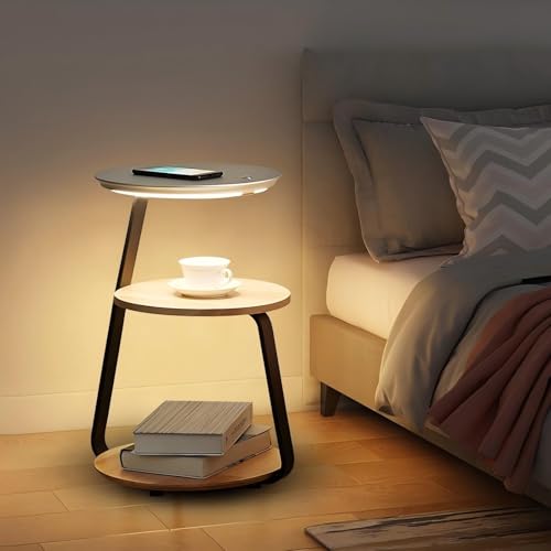 Generisch Intelligenter Nachttisch mit Ladestation, Sofa-Beistelltisch mit 3-stufiger Ablagefläche, Nachttische mit LED, moderner Couchtisch-Kaffeetisch (Silber)