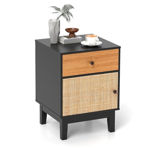 COSTWAY Nachttisch Rattan, Nachtschrank mit Schublade und Schrank, Beistelltisch, Sofatisch, Nachtkonsole im Boho-Sti für Schlafzimmer, Wohnzimmer, 40 x 39 x 55 cm