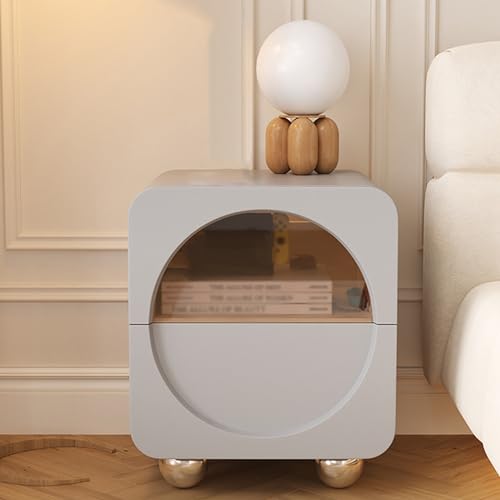 Nachttisch für Schlafzimmer mit 2 Schubladen, Beistelltisch mit Schublade aus gehärtetem Glas, Nachttisch mit PU-Leder und Kugelfüßen aus Edelstahl, Beistellschrank (Farbe: Hellgrau, Größe: 50 x 40 x