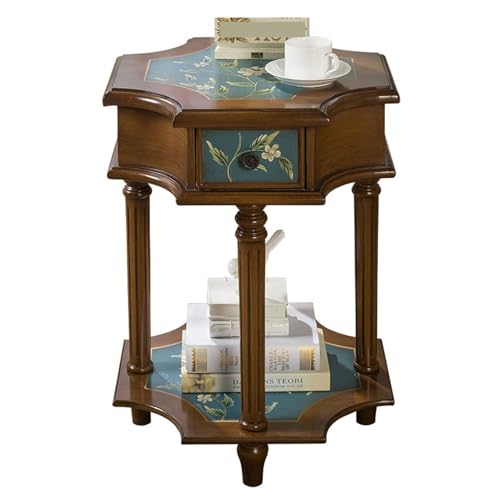 KUANGGE Rustikaler Beistelltisch, Vintage-Nachttisch, Beistelltisch aus Holz, antiker Shabby-Chic-Beistelltisch , Kleiner Nachttisch, Akzenttisch mit Schublade und offenem Ablagefach für Wohnzimmer,