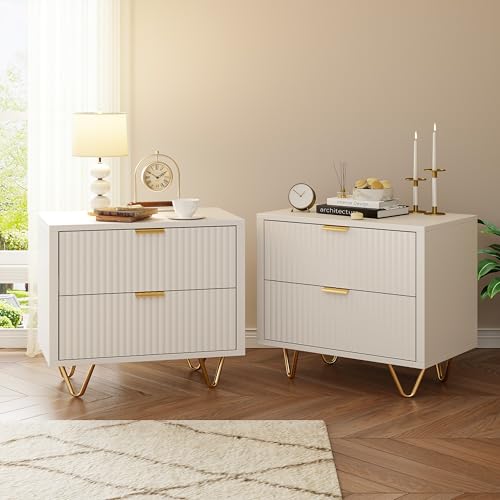 CXHLXYR Nachttisch mit 2 Schubladen, 29 x 49 x 47 cm, Nachttisch aus Holz mit goldenen Beinen, Nachttisch im skandinavischen Stil, moderner Beistelltisch für Schlafzimmer und Wohnzimmer