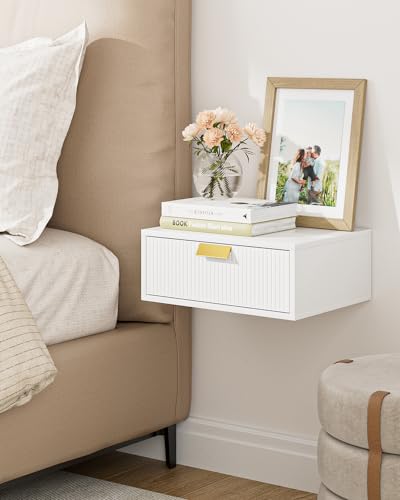 HEYZOEY Nachttisch, Beistelltisch Rattan,Moderner Schwebender Nachttisch Mit Schublade,Nachttischmöbe l, Night Stand, Beistelltisch für Schlafzimmer, Wohnzimmer, Weiß