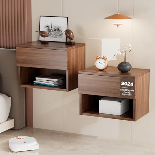 Kiseely Nachttisch hängende, Schwebender Nachtschrank mit Schubladen und viel Stauraum, hölzerner Nachttisch Regal, Beistelltisch Holz moderner Nachttisch für Schlafzimmer (Walnuss EN1, 2 Packs)
