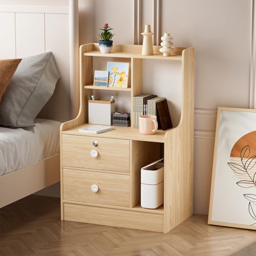 tabiflev 2 Schubladen, Schlafzimmer, Nachttischschrank, Endtisch mit 2 Schubladen Öffnungsregalen, Couch Tisch Holz für Wohnzimmer Holzfarbe