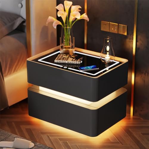 Moderner intelligenter Nachttisch mit LED-Licht, USB-Ladeanschlüssen und Steckdosen – Nachttisch mit 2 Schubladen für Schlafzimmer und Wohnzimmer, schlankes Silber-Finish