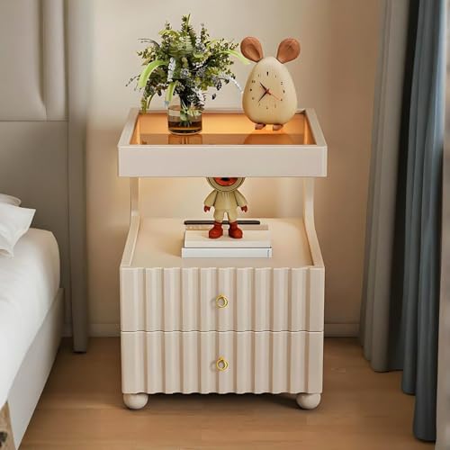 STCERY Nachttisch Mit 2 Schubladen, Moderner Nachttisch Mit Gehärtetes Glas, Tische Mit Stauraum Für Das Schlafzimmer, Mit LED-Beleuchtung Und Offenen Regalen(Beige)