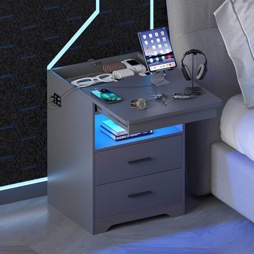 Gurexl LED Nachtschrank mit 3 Licht Dimmbar, Smart Nachttisch mit Ladefunktion, Abschließbare Schubladen Sideboard mit 3 Schubladen USB Type-C Wohnzimmer Grau