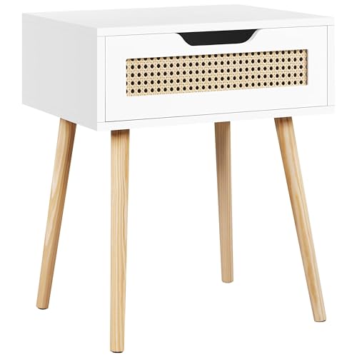 Yaheetech Nachttisch Rattan Beistelltish mit 1 Schublade Holzbeine Nachtschrank Nachtkommode Moderner Nachtkästchen für Wohnzimmer/Schlafzimmer, Weiß