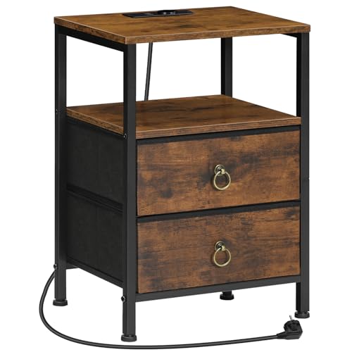 HOOBRO Nachttisch mit Ladestation, Beistelltisch mit 2 Stoffschubladen und offenem Regal, Nachtschrank mit USB und Steckdosen, für Wohnzimmer, Schlafzimmer, Vintagebraun und Schwarz EBF110CBZ01