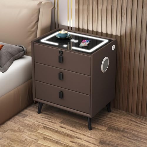 Intelligenter Nachttisch mit Ladestation und 2 USB-Anschlüssen. Moderner Beistelltisch mit Holz-LED. Intelligenter Nachttisch. Multifunktionaler Aufbewahrungsschrank mit 3 Schubladen (braun)