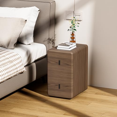 solaround Nachttisch schmal, mit Schubladen, Nachttisch aus Kunstleder, Massivholz Schublade, Kleiner Beistelltisch für Schlafzimmer (Leder Grau Pappel, 30 x 40 x 50 cm)