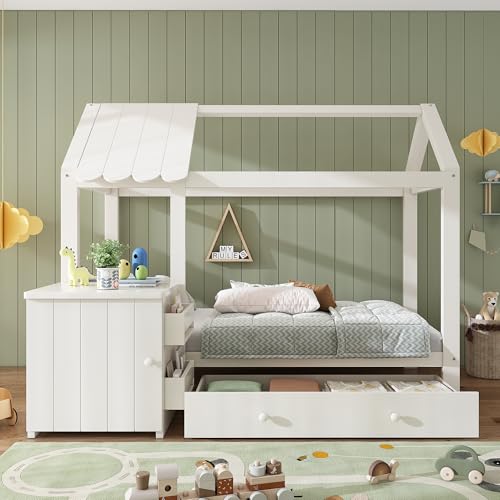 BENMWS Hausbett Kinderbett,90x200cm,Massi vholz mit Schubladen abnehmbarem Nachttisch - Bodenbett in Weiß,ohne Matratze