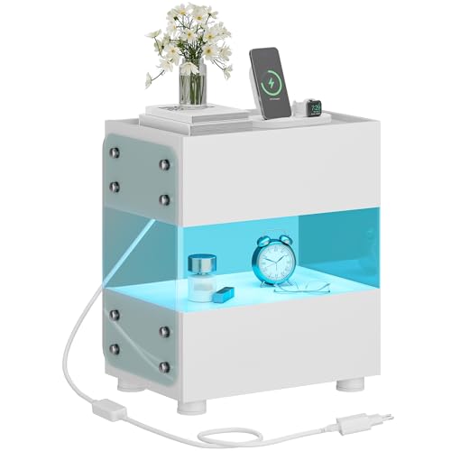 YITAHOME Nachttisch mit 2 Schubladen, schwebender Nachttisch mit 7-Farbiger LED-Lichtleiste, moderner Akzent-Beistelltisch mit mattiertem gehärtetem Glas für Schlafzimmer und Wohnzimmer, weiß