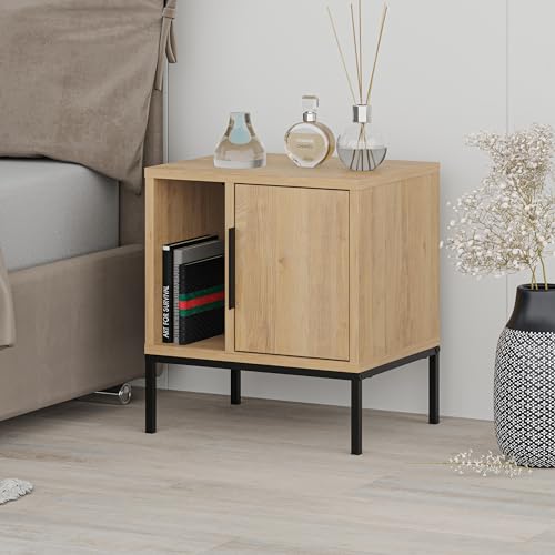 HOCUS PICUS Moderner Nachttisch mit schwarzem Metallbein, gerades Bein, 45 (B) x 35 (T) x 50 (H) cm, Holzwerkstoff, Nachttisch, Schranktür, Metallgriff und offenes Regal für Bücher, Organizer,