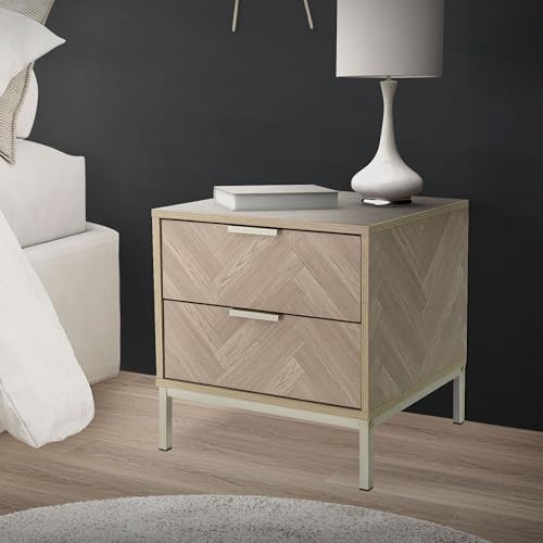 ML-Design Nachttisch mit 2 Schubladen 45x40x45,5cm, Eiche Optik mit Fischgrätenmuster, Metallgestell Gold, Nachtkommode Nachtschrank für Boxspringbett Schlafzimmer, Couchtisch Sofatisch für Wohnzimmer