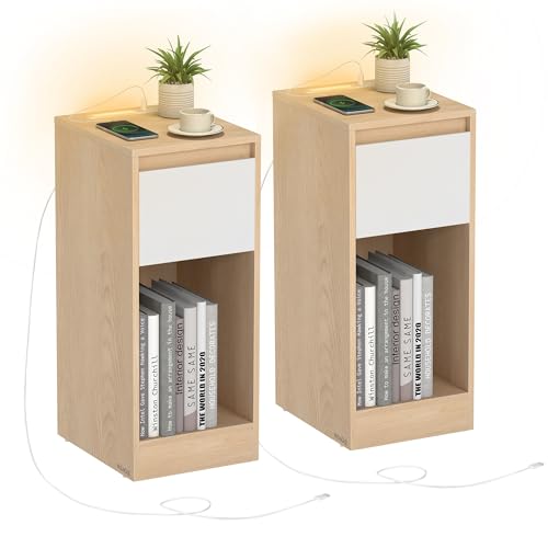 VASAGLE Nachttisch 2er Set, schmal, Beistelltisch, LED-Beleuchtung, 1 USB-A-Anschluss, 1 USB-C-Anschluss, Schublade, offenes Fach, für Schlafzimmer, Wohnzimmer, mandelgelb-wolkenweiß LET710Y01