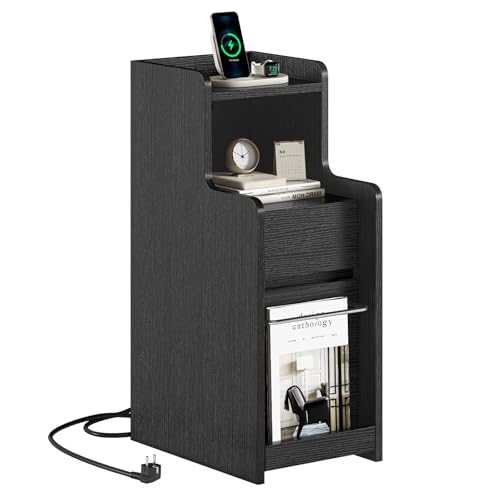 AOGLLATI Nachtschrank Schmal mit Ladefunktion Beistelltisch mit 2 Schubladen, Couchtisch, Nachtkommode mit Steckdosen, Nachtkästchen, Modern, für Schlafzimmer Wohnzimmer Arbeitszimmer (1, Schwarz)
