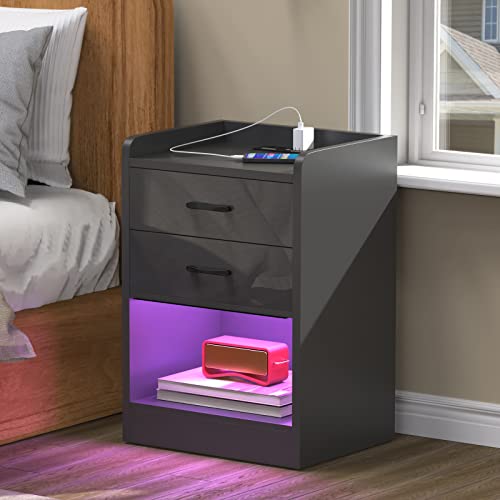 PIPIPOXER Nachttisch mit Ladestation und LED-Beleuchtung Nachttisch Schwarz mit 2 Schubladen &1 Fach Nachtschrank Schwarz Nightstand Sofatisch Beistelltisch Schwarz Couchtisch Bedside, 40x35x65cm