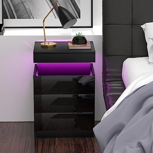 Chleby Modern Hochglanz-Nachttisch, Nachttische Schwarz Nachttisch Kommode Beistelltische mit 3 Schubladen für Schlafzimmer, Wohnzimmer