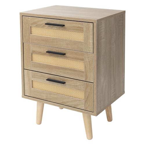 ML-Design Nachttisch mit 3 Schubladen, 45x63x34 cm, Eiche Optik, Nachtschrank mit Rattanfront & Massivholzfüßen, Nachtkommode für Boxspringbett Schlafzimmer, Beistelltisch Couchtisch für Wohnzimmer
