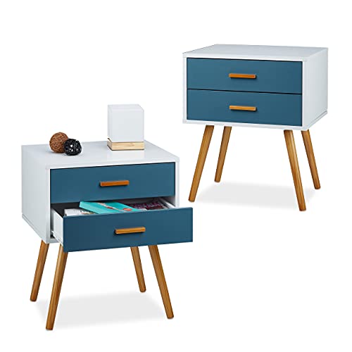 Relaxdays 2X Nachttisch Skandinavisch, Nachttischschrank, 2 Schubladen, Nachtschrank, HBT: 58x41x48 cm, matt lackiert, türkis-weiß