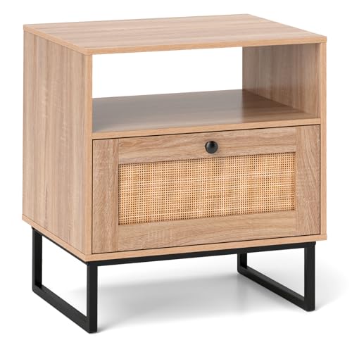 KOMFOTTEU Nachttisch mit Schubladen aus Rattan, Boho Nachtschrank aus Holz & Metallbeinen, moderner Beistelltisch Retro-Stil für Schlafzimmer Wohnzimmer, Natur