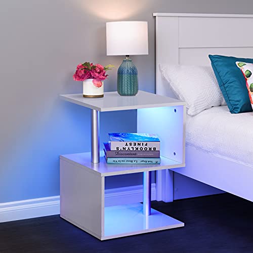 TUKAILAI Nachttisch mit LED, Beistelltisch Hochglanz-weiß, Nachttische Holz für Schlafzimmer Wohnzimmer modern?Couchtisch mit LED 44x38x58 cm