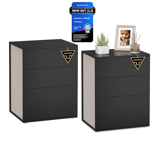 VASAGLE Nachttisch 2er Set, Toolless-Technologie, superschnelle werkzeuglose Montage, Beistelltisch 3 Schubladen, Nachtschrank, Schlafzimmer, Wohnzimmer, tintenschwarz-cappuccinob eige LET779B01