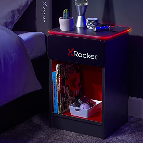 X Rocker Carbon-Tek Nachttisch – Moderner Gaming Nachtschrank mit LED-Beleuchtung & Wireless Charging Ladepad | Schwarz/Rot