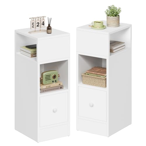 EUGAD Nachttische, 2er Set, schmal, Beistelltisch mit 2 offenen Ablagen und 1 Schublade, 25x66x30 cm, Nachtschrank im Schlafzimmer, Nachtkästchen aus Holzwerkstoff, weiß, 0179ZZ-2