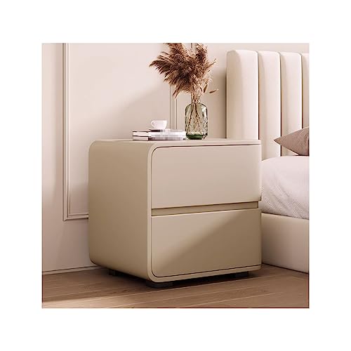 JITEM Massivholz-Nachttisch, skandinavischer, stilvoller Nachttisch mit 2 Schubladen, moderner Beistelltisch, Lederkommode, nordischer Nachttisch für Schlafzimmer, 50 x 40 x 47 cm