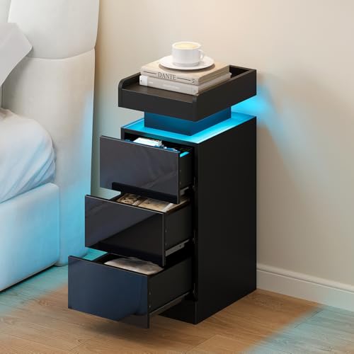 Dripex Nachttisch schmal, Beistelltisch mit LED-Beleuchtung, Nachttische mit 3 Schublade, erhöhtem Rand(Verhindert das Herunterfallen), RGB Farbwechsel, Dimmbar, für Schlafzimmer, Wohnzimmer, Schwarz