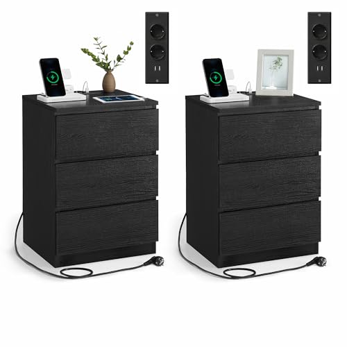 VASAGLE Kailyn Kollektion   Steckdosenleiste, 2er Set, Beistelltisch, 3 Schubladen, 2 AC Steckdosen, 2 USB A Anschlüsse, modern, ebenholzschwarz LET831B56