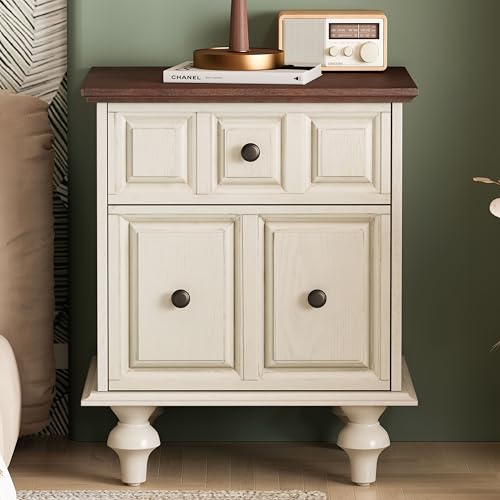 REXO 52CM Vintage Nachttisch mit 2 Schubladen und römischen Säulenbeinen, Nachttisch aus Massivholz, Nachttischschränkchen für Schlafzimmer, Wohnzimmer (Antique White)