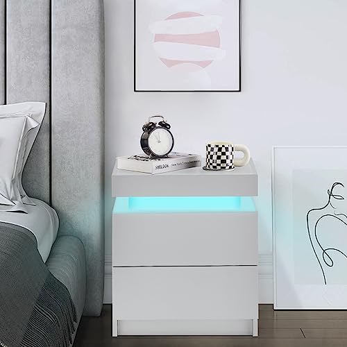 CLIPOP Nachttisch Hochglanzfront Kommode mit 2 Schubladen mit 16 Farben RGB LED-Leuchten, 2 Schubladen Schrank Nachttisch für Wohnzimmer Schlafzimmer Möbel (Weiß)