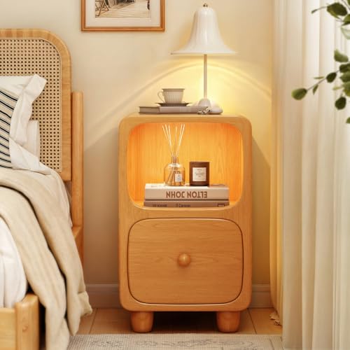 WYRNOBRX Nachttisch Schmal Nachtkommode LED Mit Holz Nachtschrank Sofa Beistelltisch Mit 2 Schubladen Nachtkästchen Landhaus Wohnzimmer Offenes Fach Schlafzimmer Weiß Walnuss,Flesh/b,L12W15H19