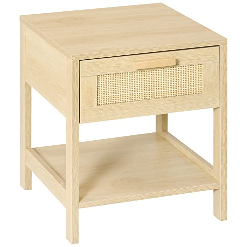 HOMCOM Nachttisch Nachtschrank Beistelltisch natürlicher Nachtkommode mit Schublade offenen Ablage Rattan-Design MDF Natur 40 x 40 x 48 cm