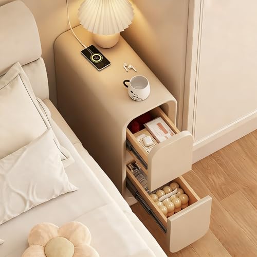 FQWYNMZ Schmaler Nachttisch aus Massivholz mit 2 Schubladen, Nachttische Bezogen mit PU-Leder, Beistelltisch für Schlafzimmer, Wohnzimmer, Arbeitszimmer, Sofa und Büro(Brown,50x40x47cm/20 x16x19in)